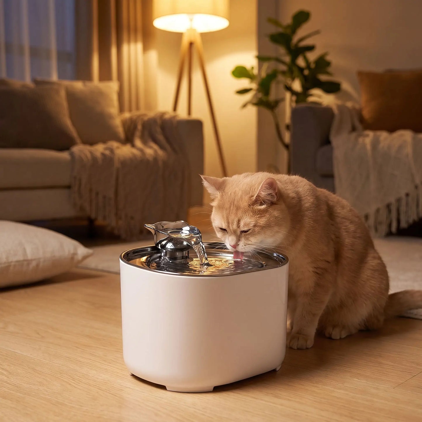 fontaine a eau chat utilisée par un chat au salon