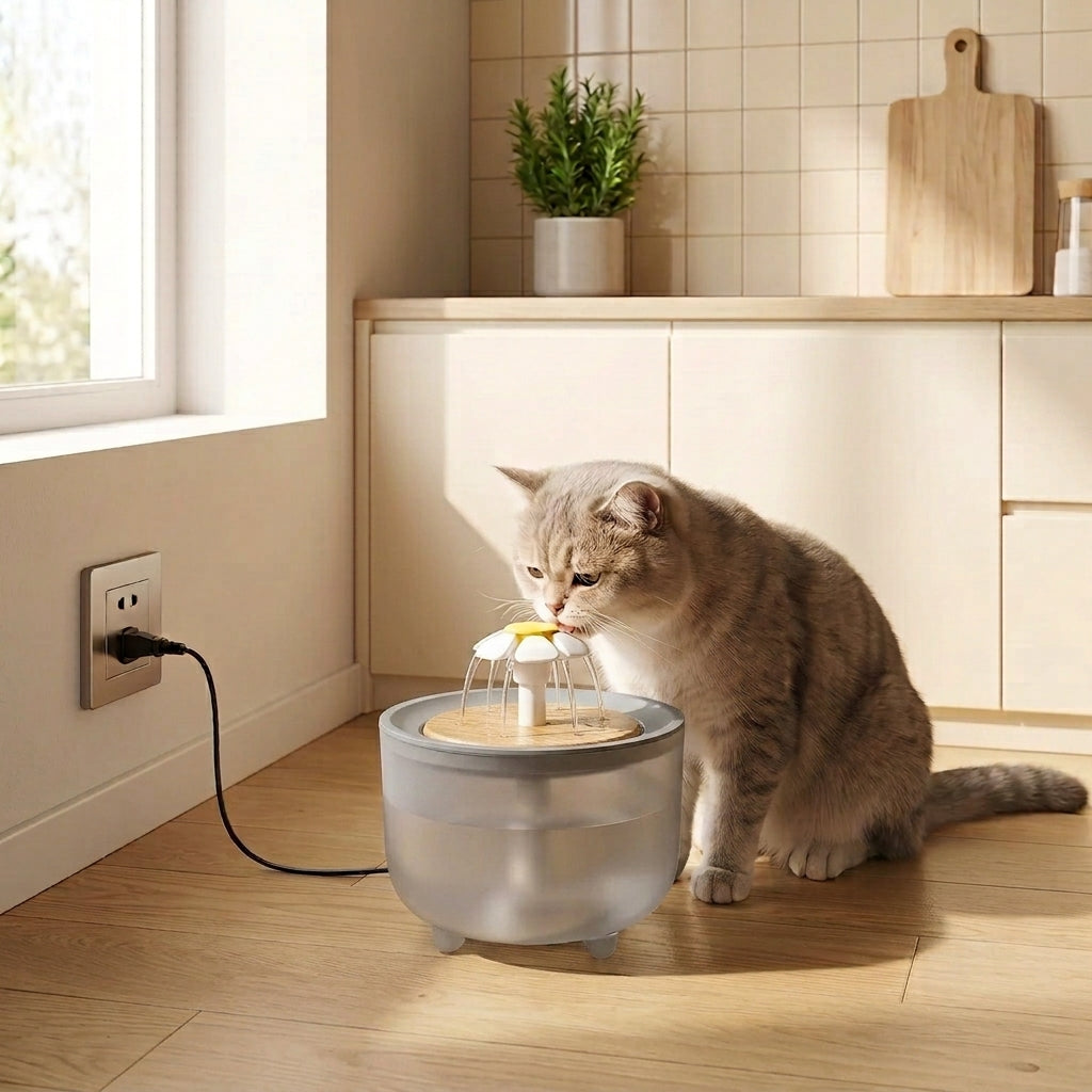 fontaine a eau chat utilisée par un chat en cuisine