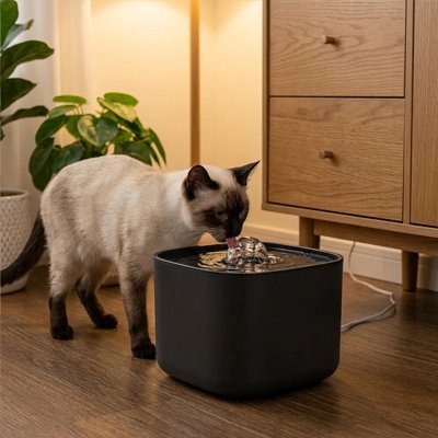 Fontaine a eau Chat utilisée par un chat siamois à domicile