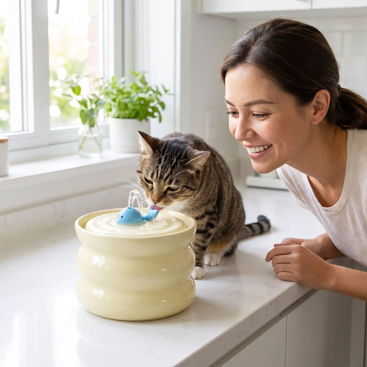 fontaine a eau pour chat ceramique utilisée par un chat tigré en cuisine