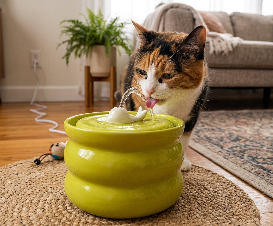 fontaine a eau pour chat ceramique verte utilisée par un chat roux