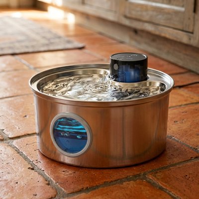 fontaine à eau pour chat en inox posée sur carrelage rouge