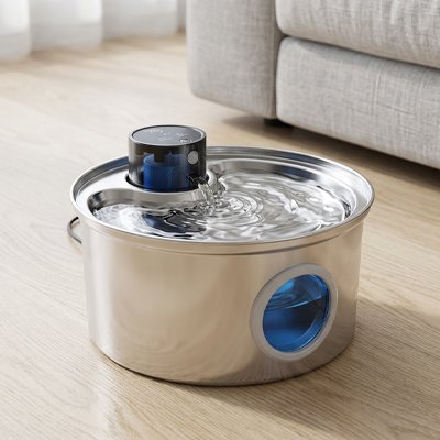 Fontaine à eau pour chat inox avec pompe circulante posée au sol