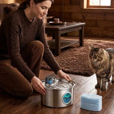 Fontaine à eau pour chat posée au sol par une femme