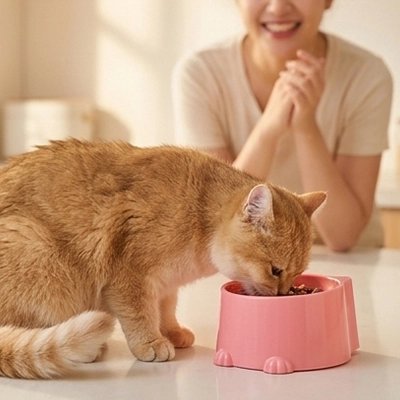 Gamelle anti-glouton chat es utilisé par chat roux avec maîtresse