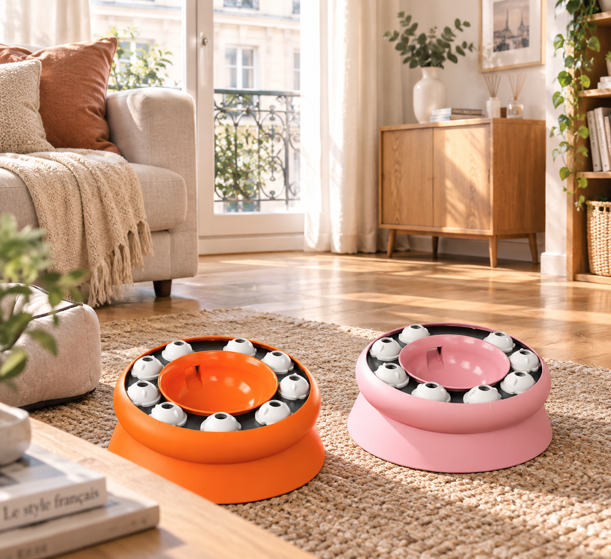 gamelle anti-glouton chat orange et rose posées sur tapis