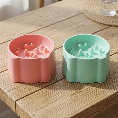 Gamelle anti-glouton chat rose et vert sur table 