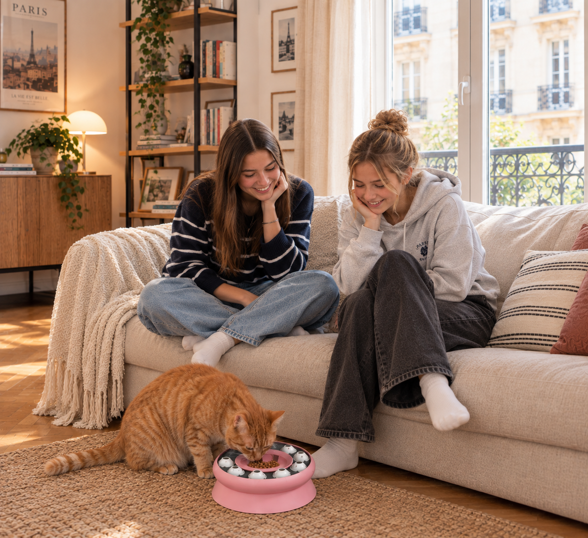 Gamelle anti-glouton chat utilisée par un chat roux dans salon