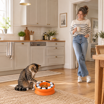 gamelle anti-glouton chat utilisée par un chat tigré en cuisine
