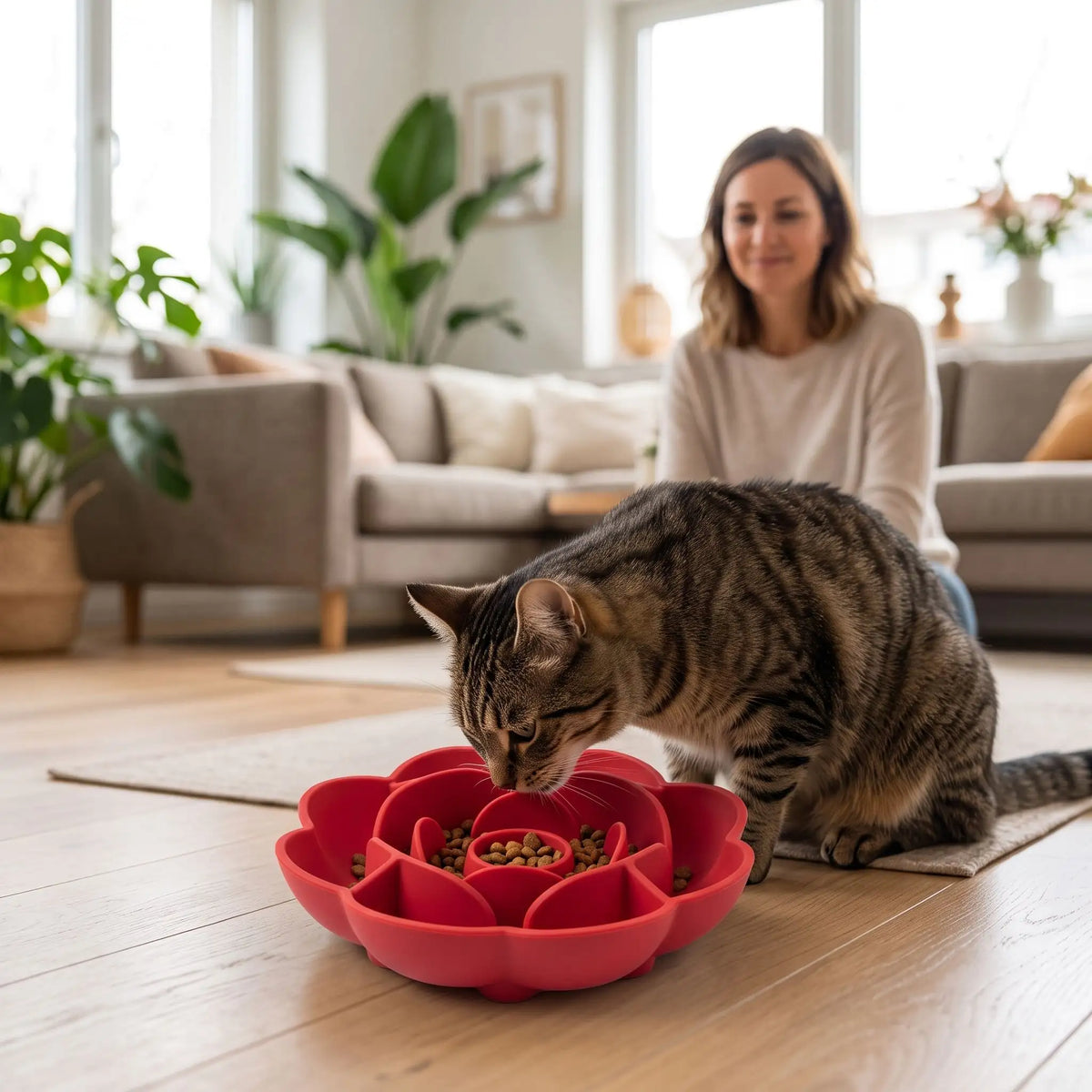 gamelle anti-glouton chat utilisée par un chat tigré en intérieur