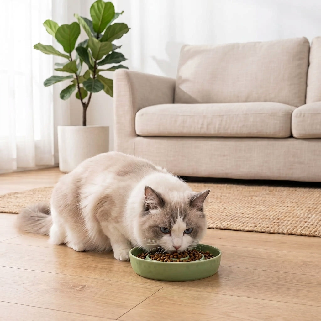 Gamelle anti-glouton chat utilisée par un ragdoll dans un salon