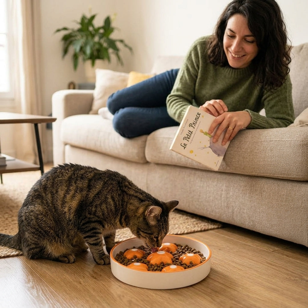 Gamelle anti glouton chat utilisée par un tabby en intérieur