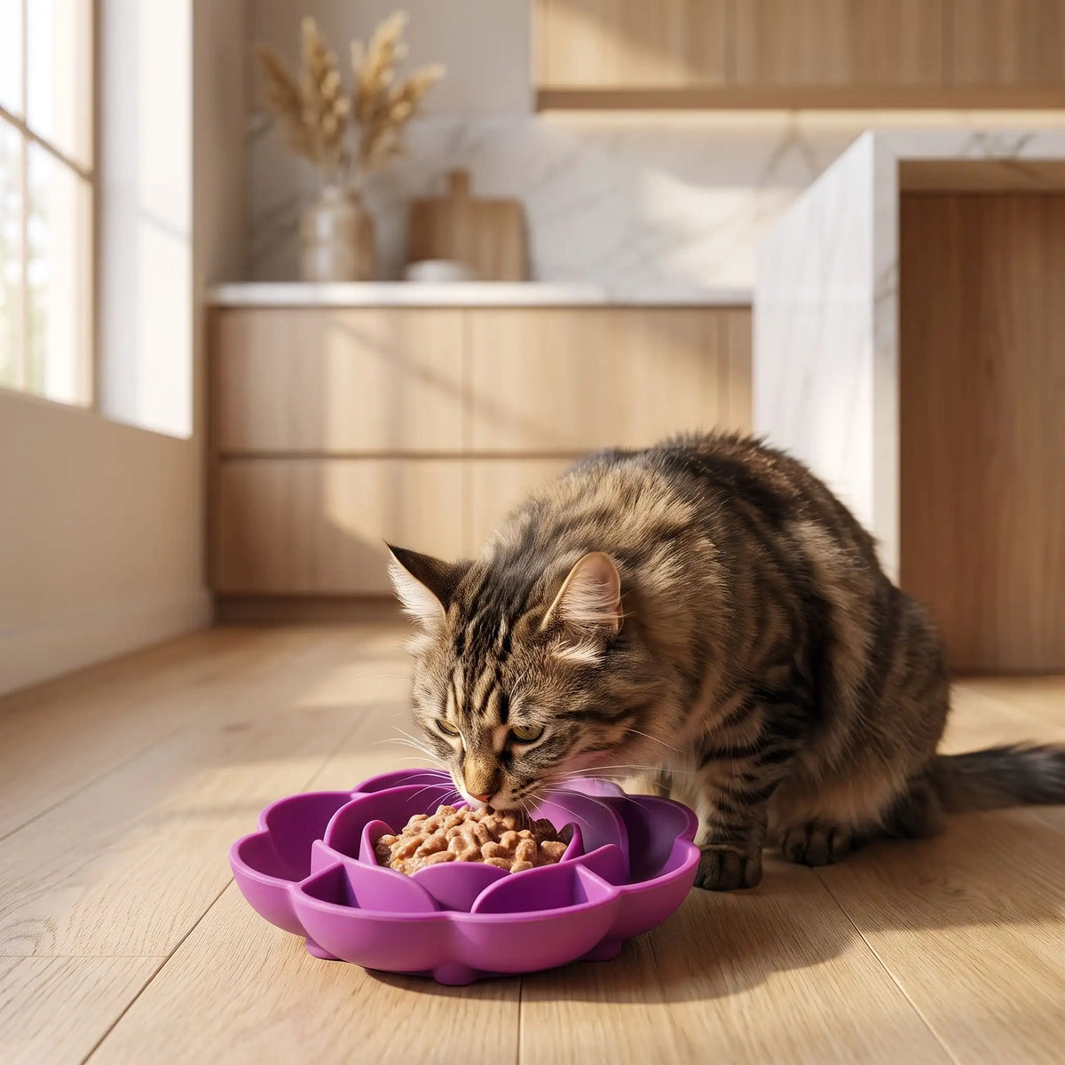Gamelle anti-glouton chat violette utilisée par un chat tigré
