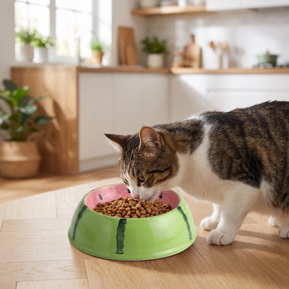 Gamelle ceramique pour chat avec croquettes qu'un chat mange dedans