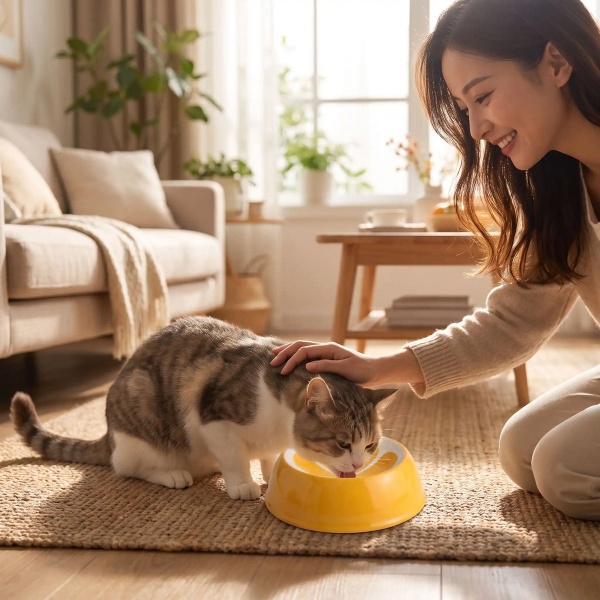 Gamelle ceramique pour chat devant chat tigré caressé par femme.