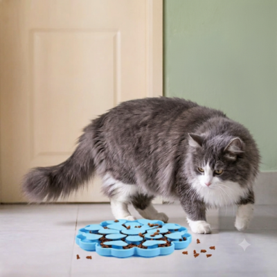 gamelle chat anti glouton devant porte avec chat curieux