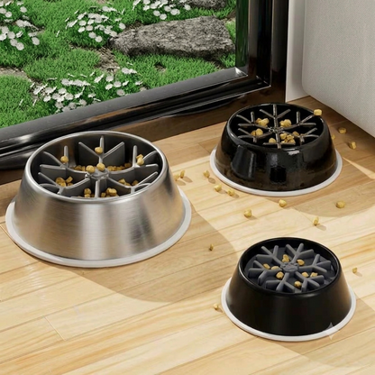 gamelle chat anti glouton remplie de croquettes sur parquet