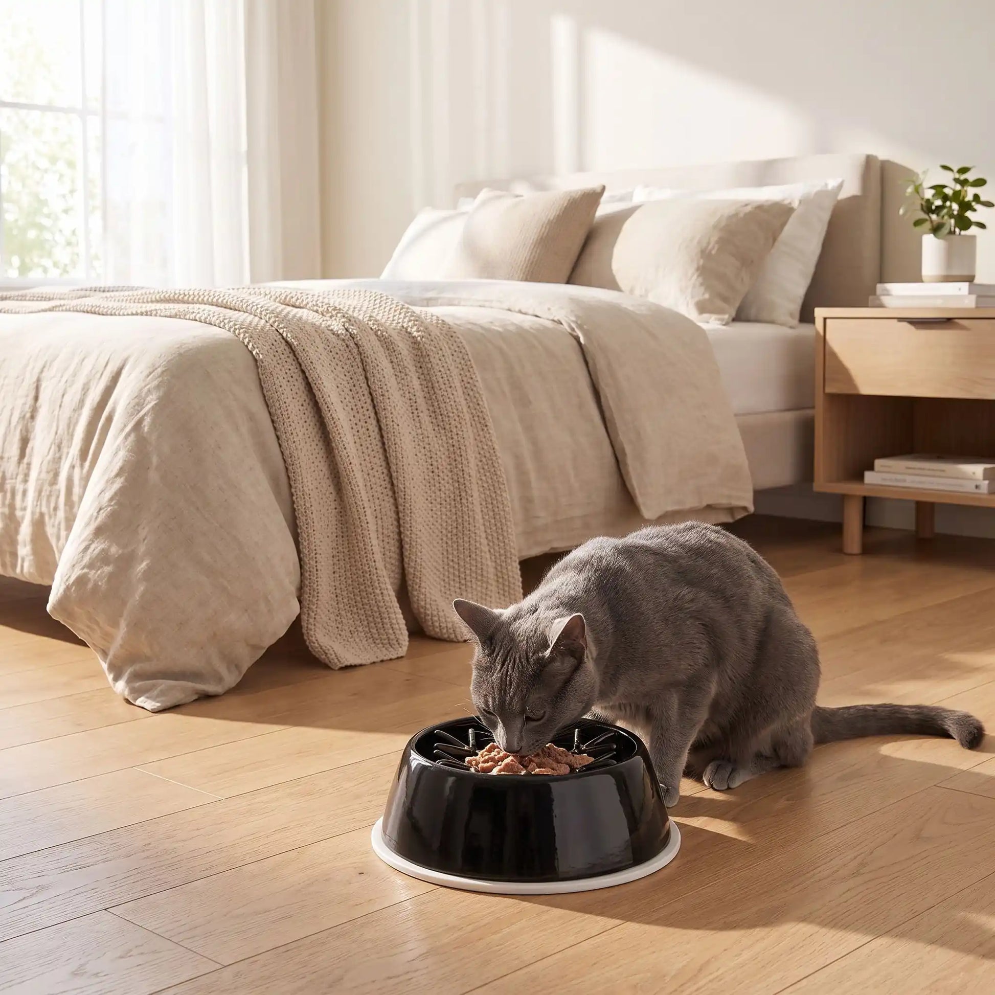 gamelle chat anti glouton utilisée par chat gris dans chambre