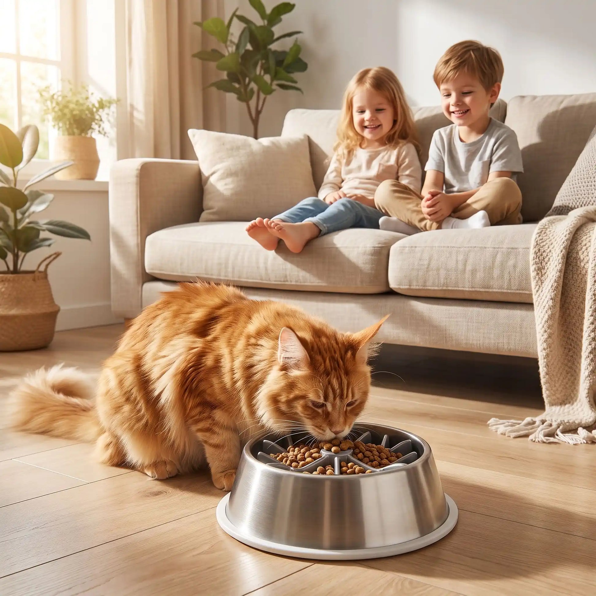 gamelle chat anti glouton utilisée par chat roux au salon