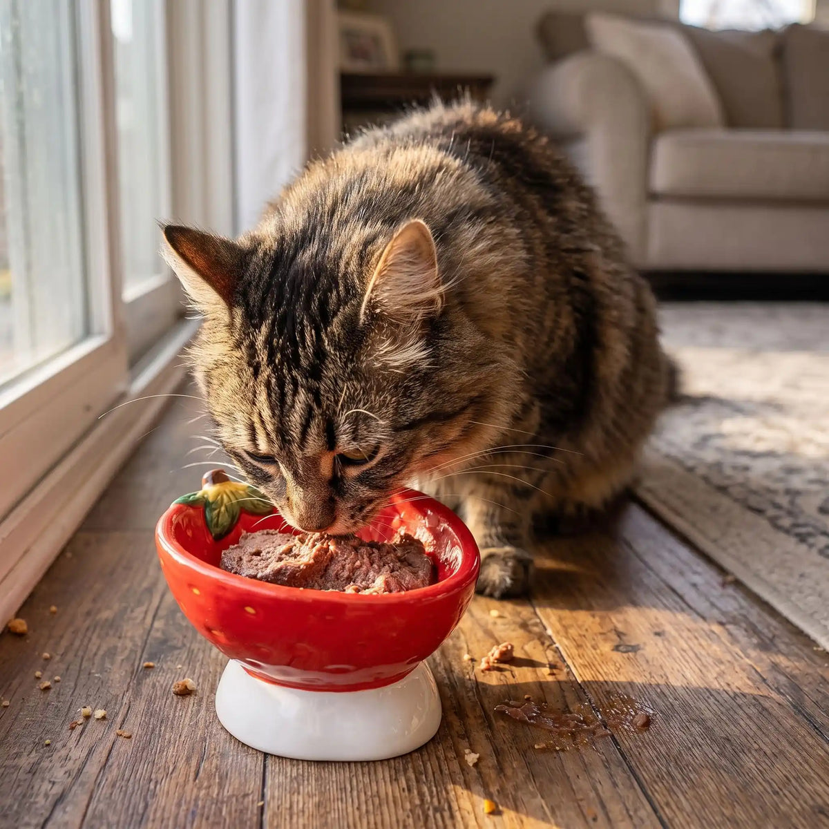 gamelle chat ceramique fraise rouge utilisée par un chat tigré
