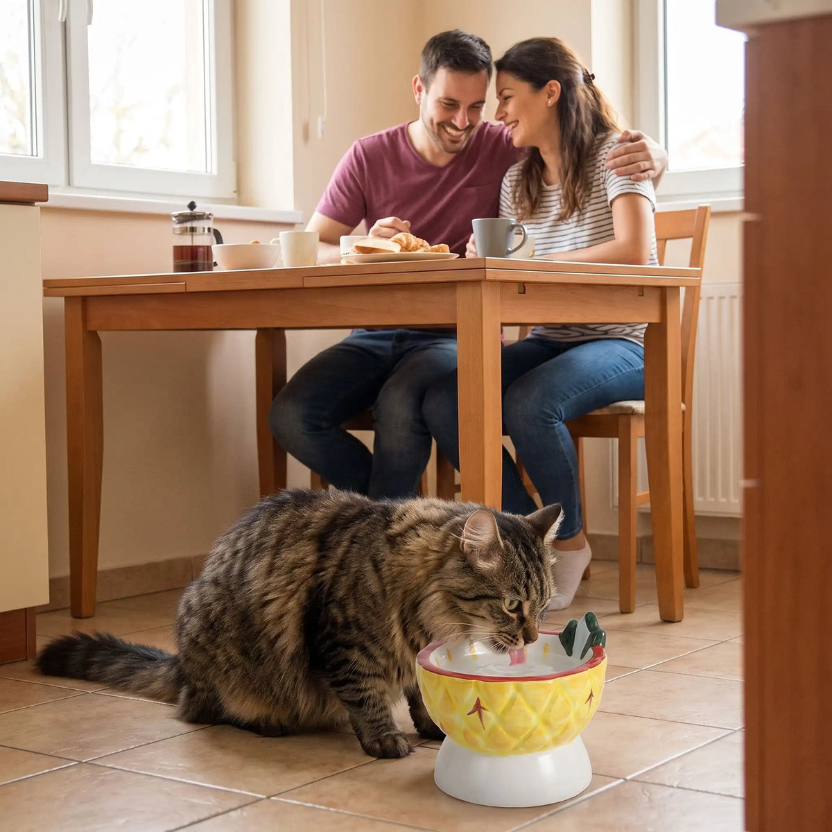 gamelle chat ceramique utilisée par un chat tigré en cuisine