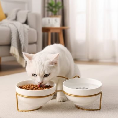 Gamelle chat surélevée avec croquettes et eau qu'un chat savoure