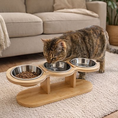 Gamelle Chat surélevée avec nourriture que chat mange au salon