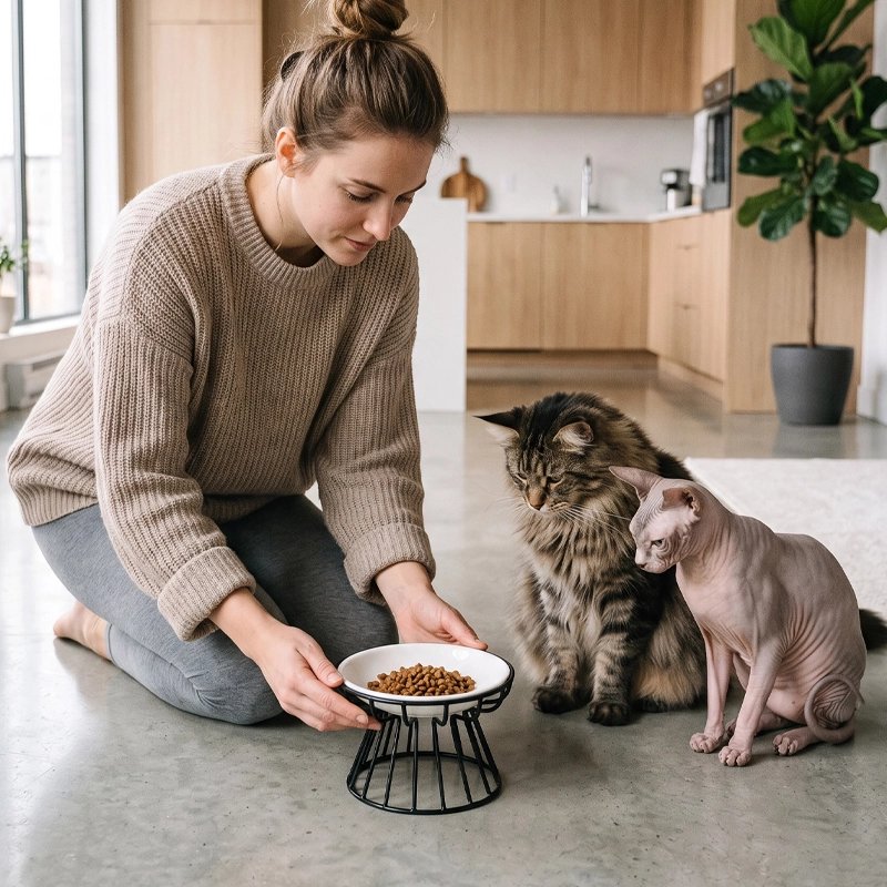 Gamelle Chat surélevée déposé devant deux chats par femme