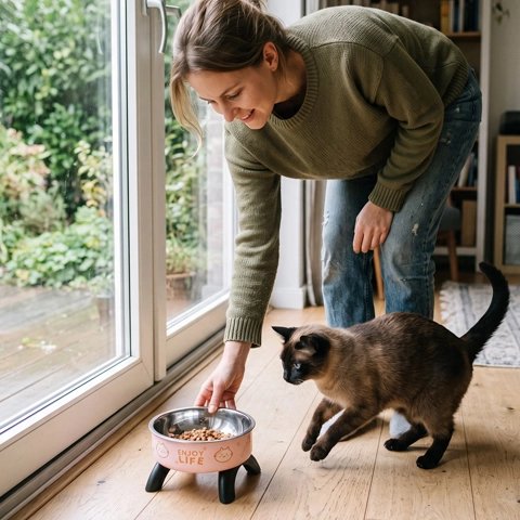 Gamelle Chat surélevée déposé devant porte en vitre par femme