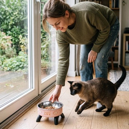 Gamelle Chat surélevée déposé devant porte en vitre par femme