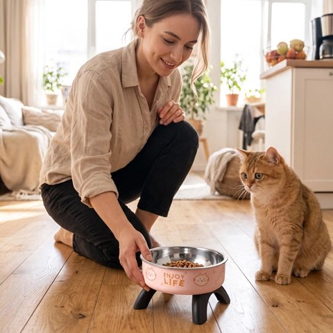 Gamelle Chat surélevée déposé par femme à genoux devant chat en cuisine