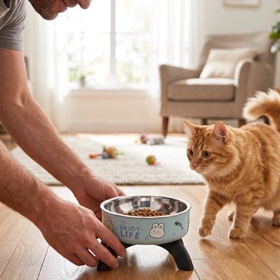 Gamelle Chat surélevée déposé sur sol en bois devant chat