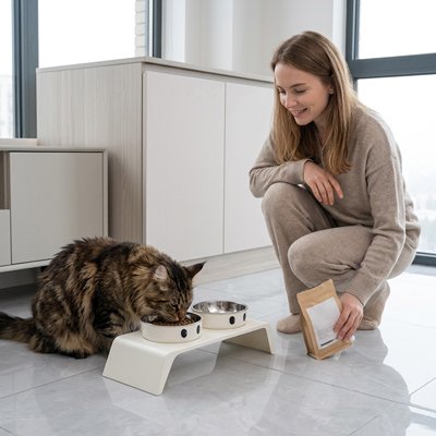 Gamelle Chat surélevée devant chat qui mange et propriétaire regarde