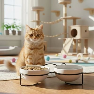 Gamelle chat surélevée devant chat roux assis au salon