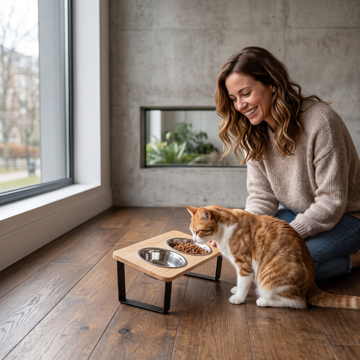 Gamelle chat surélevée en bois avec chat roux mangeant dedans