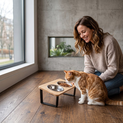 Gamelle chat surélevée en bois avec chat roux mangeant dedans