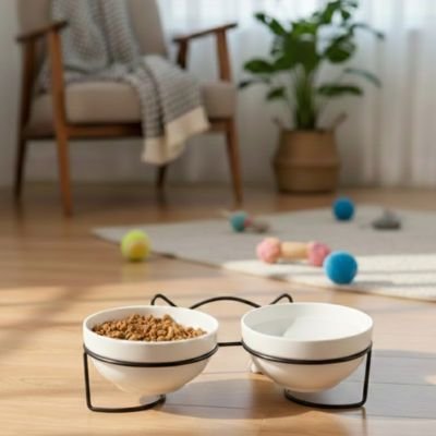 Gamelle chat surélevée en céramique lisse blanche avec support métallique