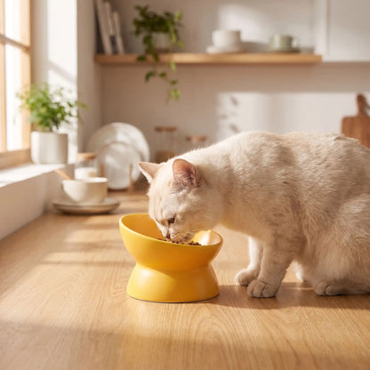 gamelle chat surélevée jaune nourrissant chat blanc cuisine