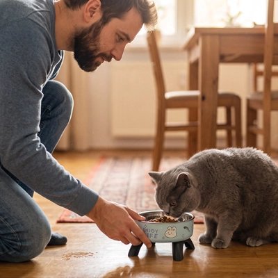 Gamelle Chat surélevée maintenu par homme pendant que chat mange
