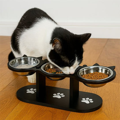 Gamelle Chat surélevée plein de nourriture qu'un chat savoure