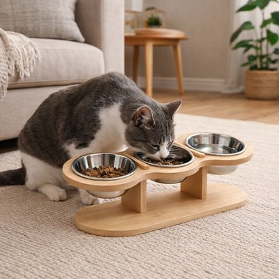 Gamelle Chat surélevée pleine d'eau avec un chat qui bois