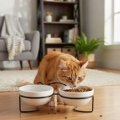 Gamelle chat surélevée qui est utilisé par un beau chat roux