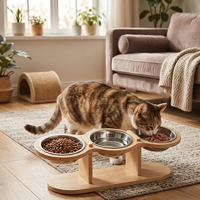 Gamelle Chat surélevée rempli de croquettes que chat déguste