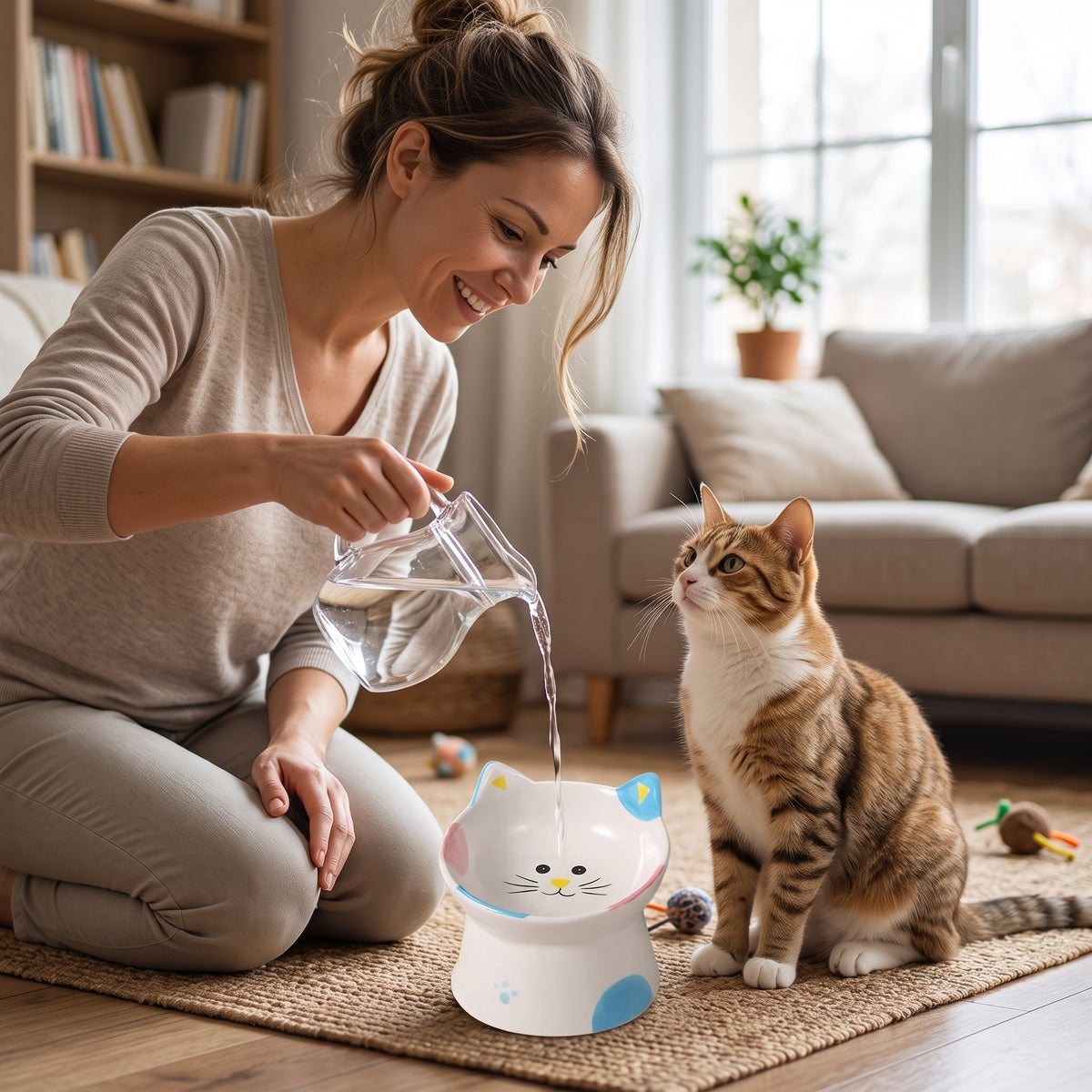 Gamelle chat surélevée remplie d'eau par une femme souriante