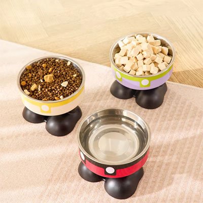 Gamelle chat surélevée remplit d'eau, de croquettes et de friandises