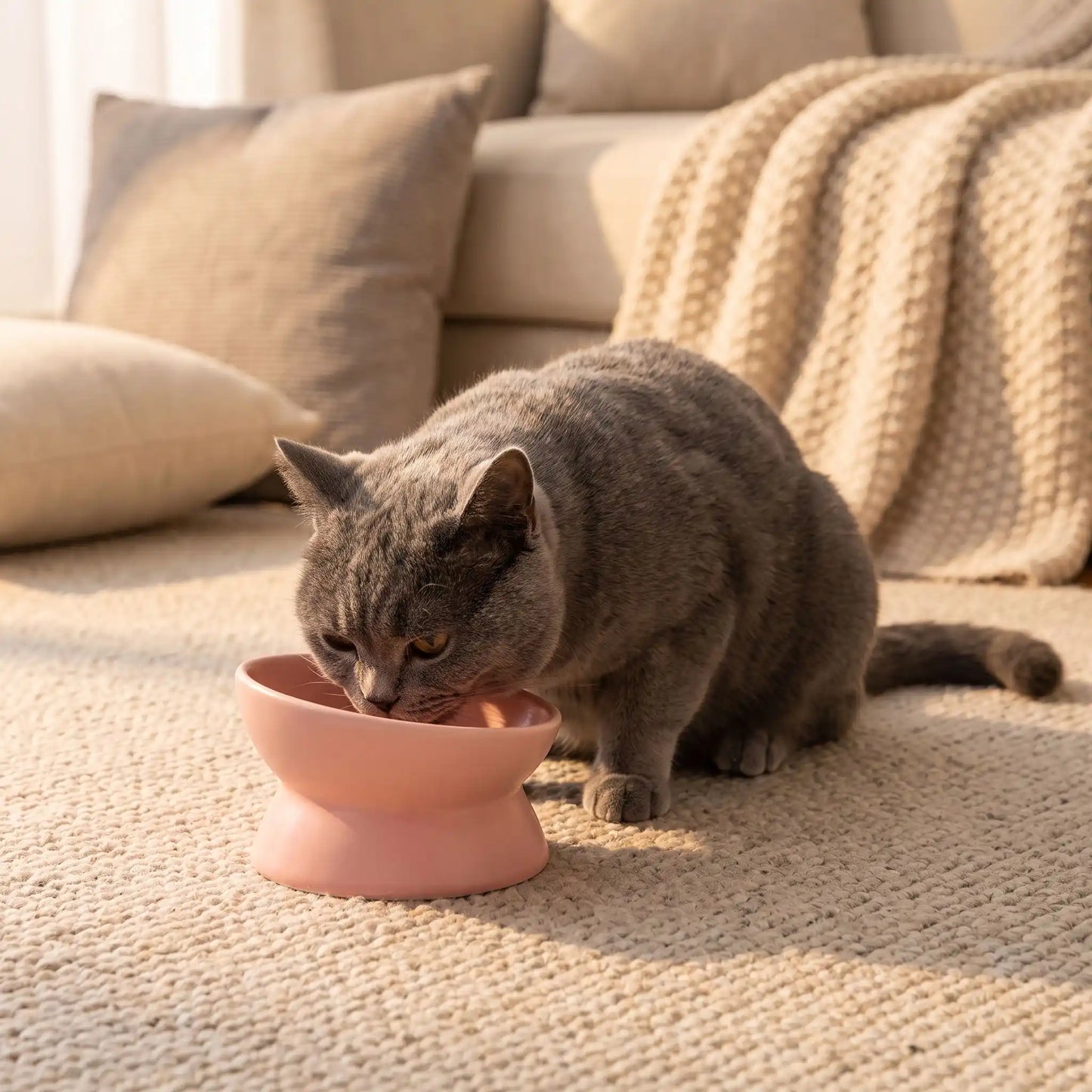 gamelle chat surélevée rose utilisée par chat gris salon