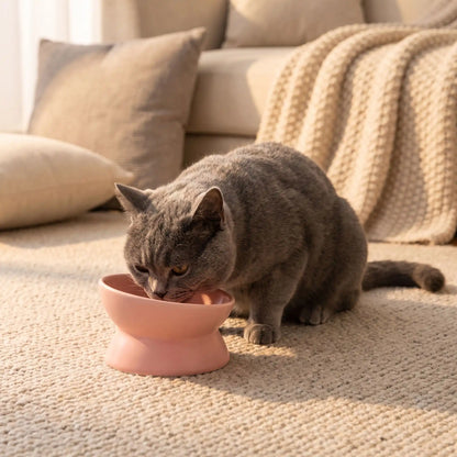 gamelle chat surélevée rose utilisée par chat gris salon