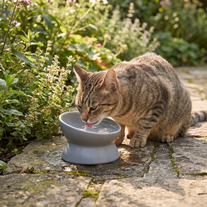 gamelle chat surélevée utilisée par un chat dans un jardin