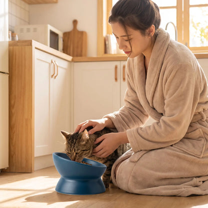 gamelle chat surélevée utilisée par un chat en cuisine