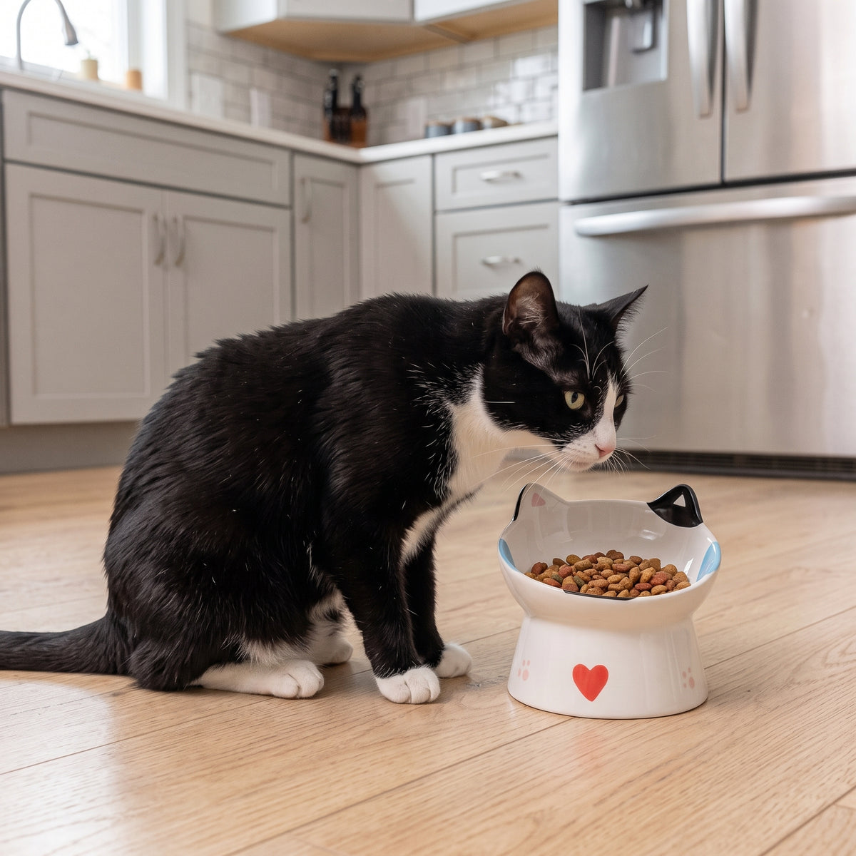 Gamelle chat surélevée utilisée par un chat noir et blanc en cuisine